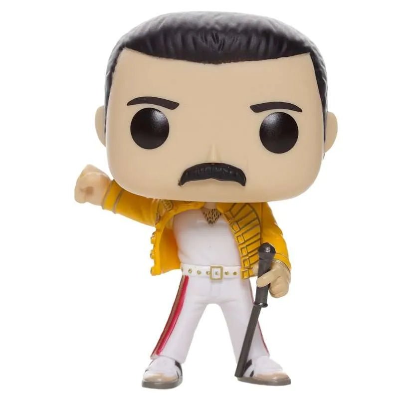 Front view of Freddie Mercury Wembley 1986 Funko Pop wearing a yellow jacket, white pants, and holding a microphone stand.