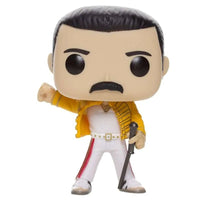 Front view of Freddie Mercury Wembley 1986 Funko Pop wearing a yellow jacket, white pants, and holding a microphone stand.