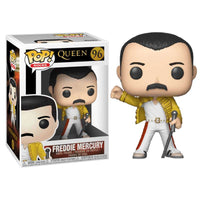Freddie Mercury Wembley 1986 Funko Pop vinyl figure in yellow jacket and white pants, shown with its display box.
