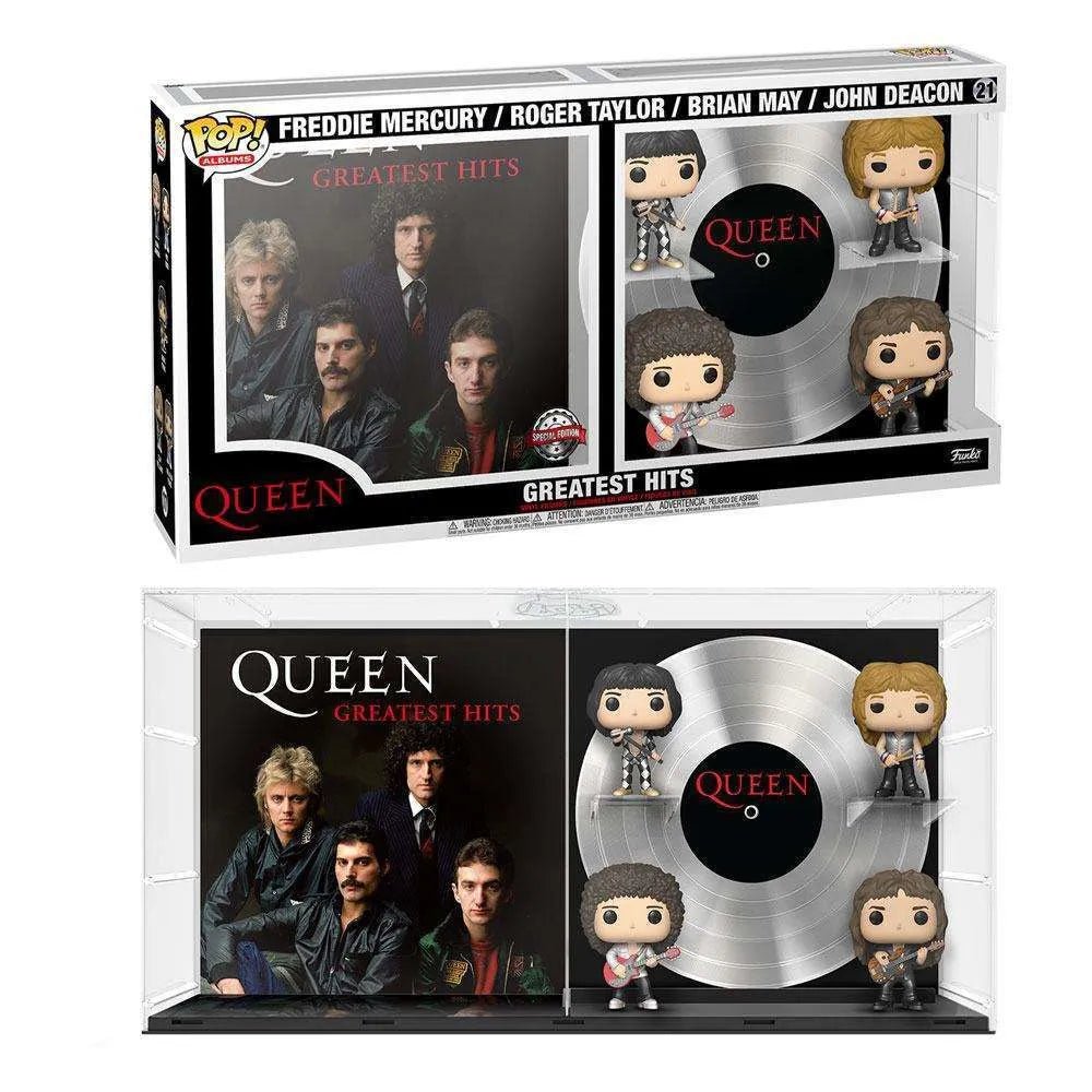 Funko Queen Greatest Hits POP! Albums 4-pack featuring vinyl figures of the band members and a silver record display.