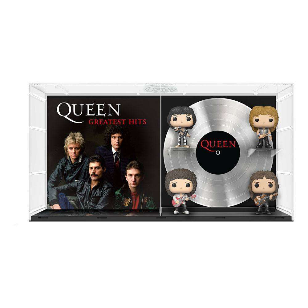 Funko Queen Greatest Hits POP! Albums 4-pack featuring vinyl figures of the band members in a clear display case.