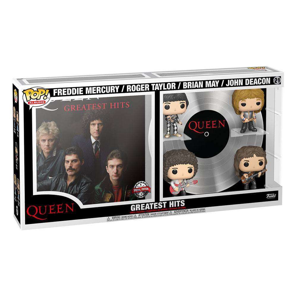 Funko Queen Greatest Hits POP! Albums 4-pack featuring vinyl figures of the band members in a display box.