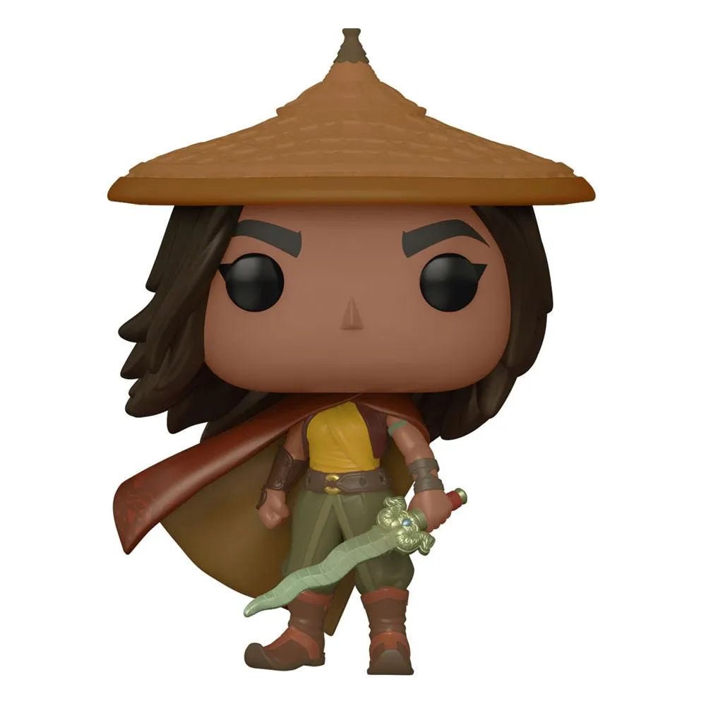 Funko Pop! Raya from Raya and the Last Dragon wearing a brown conical hat, yellow tunic, and holding a wavy sword.