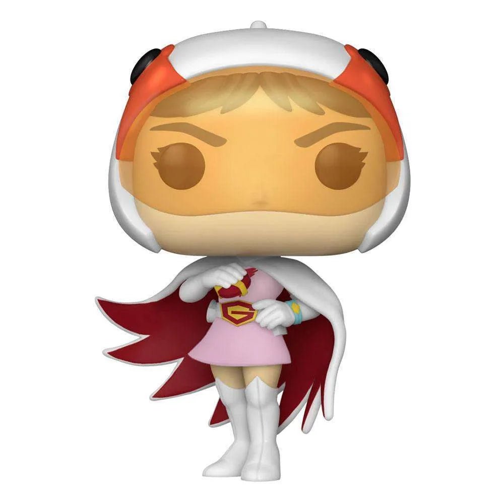 Funko Pop! Jun The Swan from Science Ninja Team Gatchaman wearing a white and orange helmet, pink dress, and red cape.