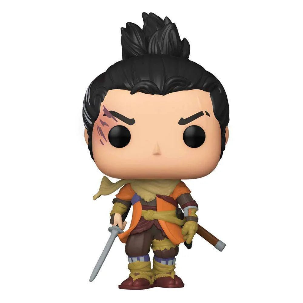 Front view of Sekiro Funko Pop vinyl figure with black hair, orange tunic, and a katana sword on a white background.