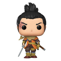 Front view of Sekiro Funko Pop vinyl figure with black hair, orange tunic, and a katana sword on a white background.