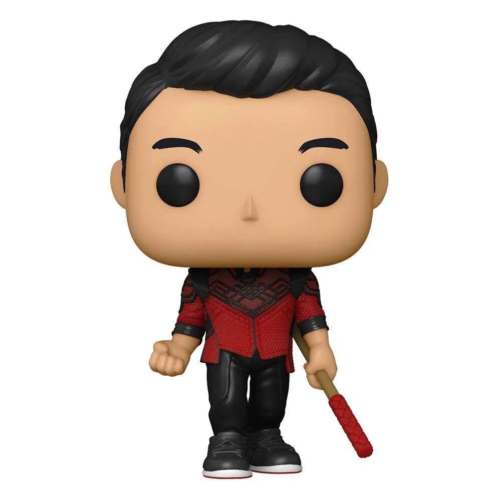 Front view of Shang-Chi Funko Pop vinyl figure wearing a red and black textured suit, holding a red staff.