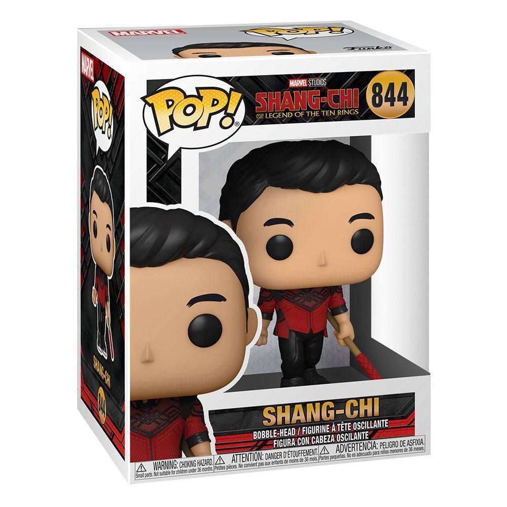 Shang-Chi Funko Pop! vinyl figure in its original Marvel Studios window box packaging, front and side view.