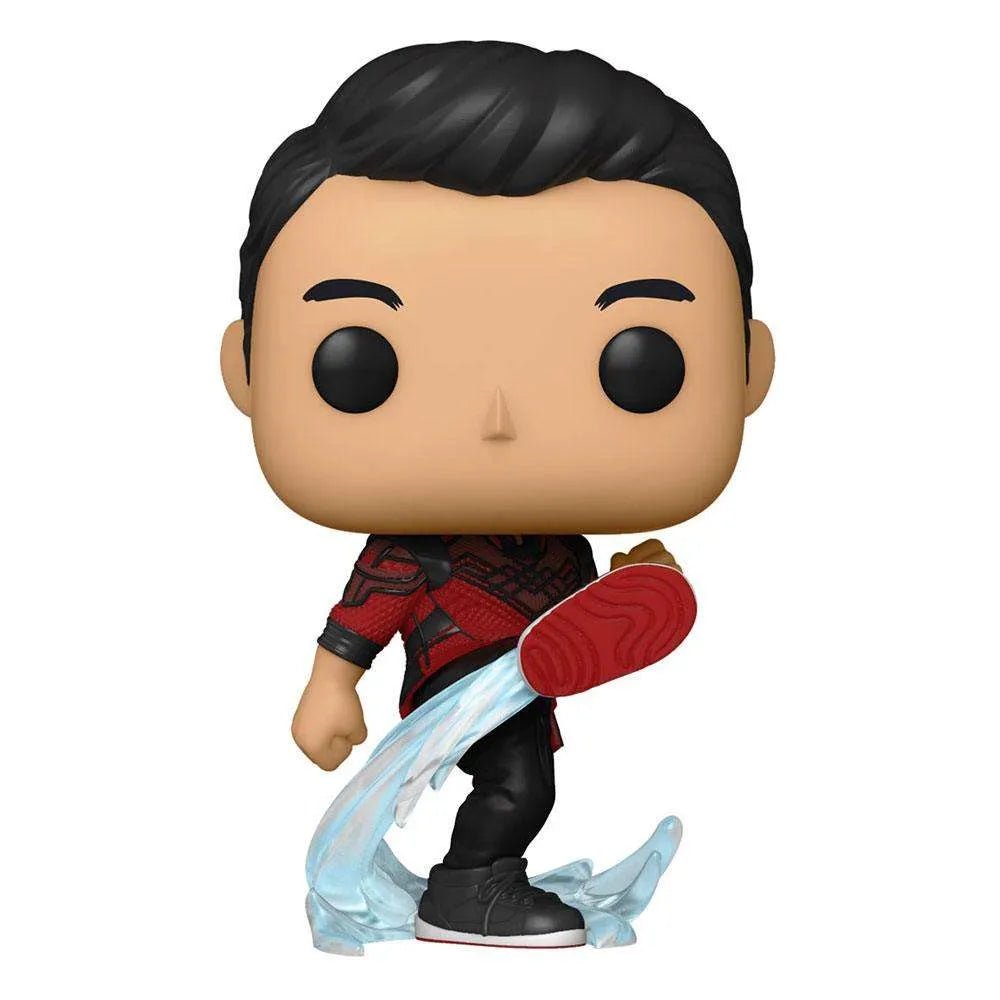 Shang-Chi Funko Pop vinyl figure in a dynamic kicking pose with blue translucent energy effects and red-black outfit.