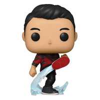 Shang-Chi Funko Pop vinyl figure in a dynamic kicking pose with blue translucent energy effects and red-black outfit.