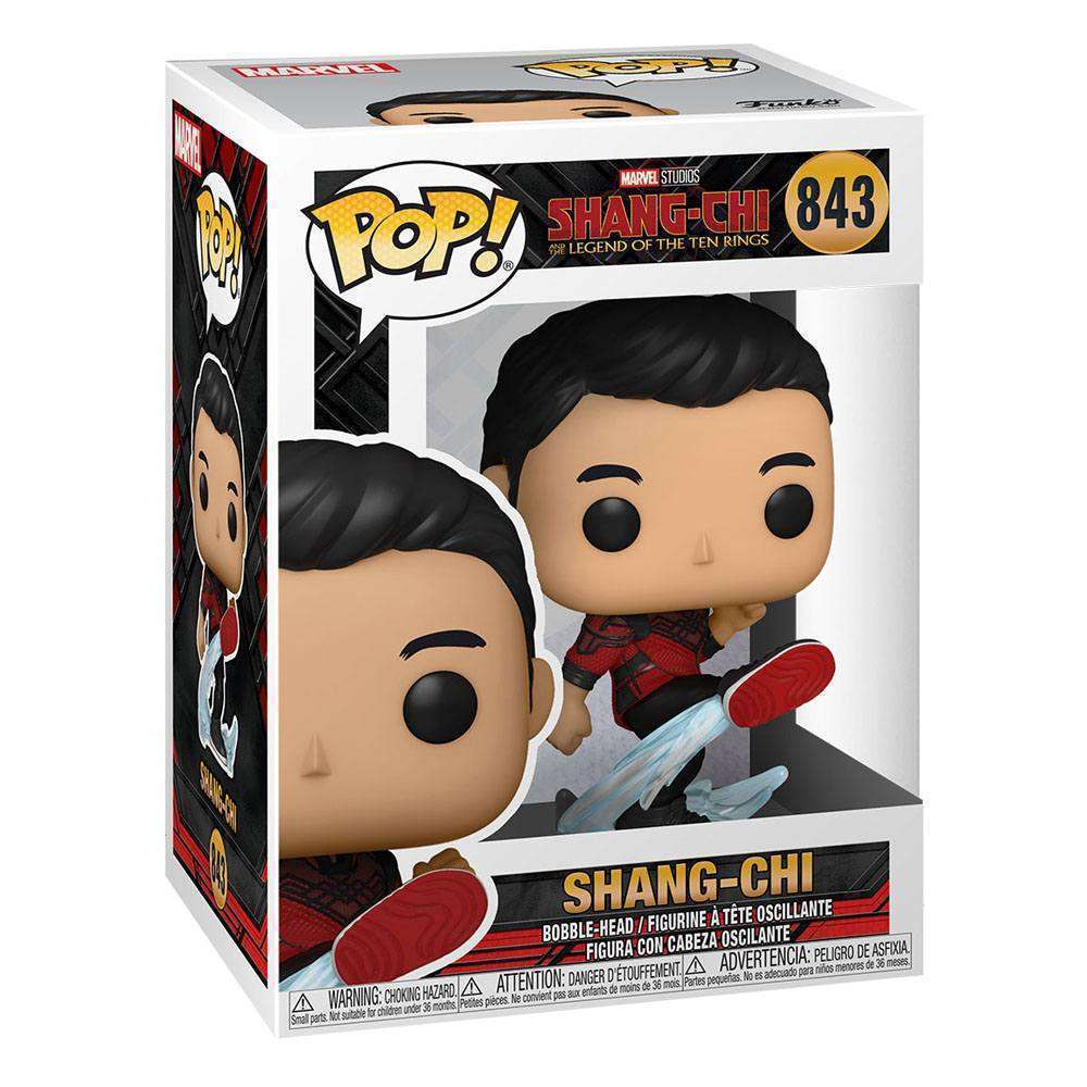 Funko Shang-Chi Kicking vinyl figure in its branded window display box, showing the character in a martial arts pose.