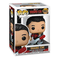Funko Shang-Chi Kicking vinyl figure in its branded window display box, showing the character in a martial arts pose.