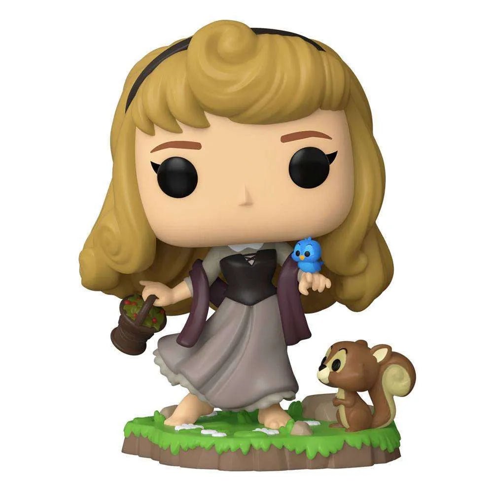 Front view of Aurora Funko Pop vinyl figure in a peasant dress with a blue bird, basket, and squirrel on a grassy base.