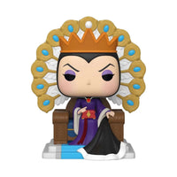 Evil Queen on Throne Deluxe Funko Pop figure wearing a crown and purple robe, seated on a gold-accented peacock throne.