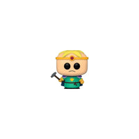 Front view of Paladin Butters Funko POP! vinyl figure in green armor with a golden crown and a small grey hammer.