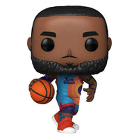 LeBron James Dribbling Funko Pop vinyl figure wearing a blue and orange Tune Squad uniform with a basketball.