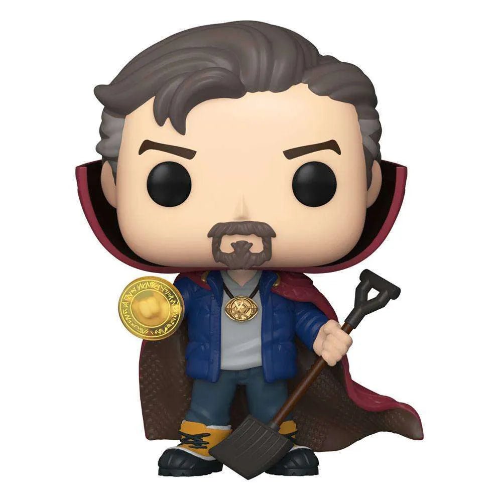 Front view of a Doctor Strange Funko POP! vinyl figure wearing a blue jacket, red cape, and holding a shovel and disc.