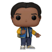 Funko Pop! Ned #925 figure from Spider-Man: No Way Home wearing a blue and yellow varsity jacket and carrying a backpack.