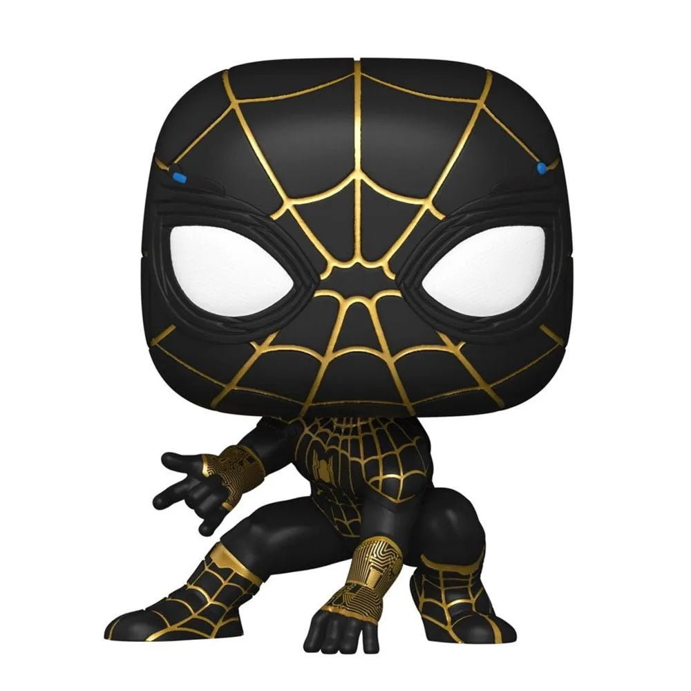 Funko POP! Spider-Man in a black and gold suit, crouching in a front-facing pose with large white eyes.