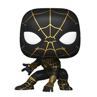 Funko POP! Spider-Man in a black and gold suit, crouching in a front-facing pose with large white eyes.