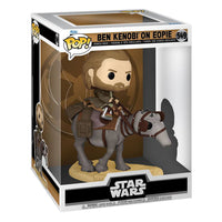 Funko Pop! Ben Kenobi on Eopie #549 vinyl figure inside its branded display box with a desert-themed backdrop.