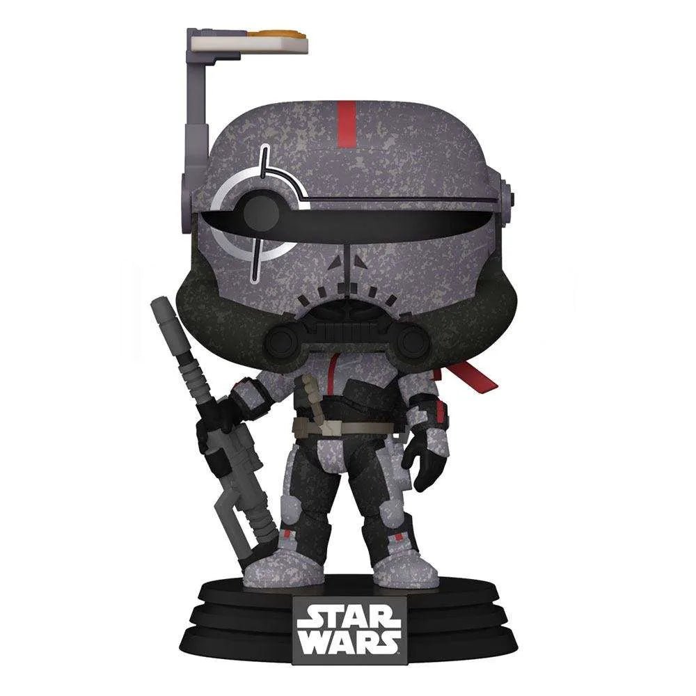Funko Pop Crosshair #444 figure in grey camo armor with a targeting visor, holding a sniper rifle on a Star Wars base.