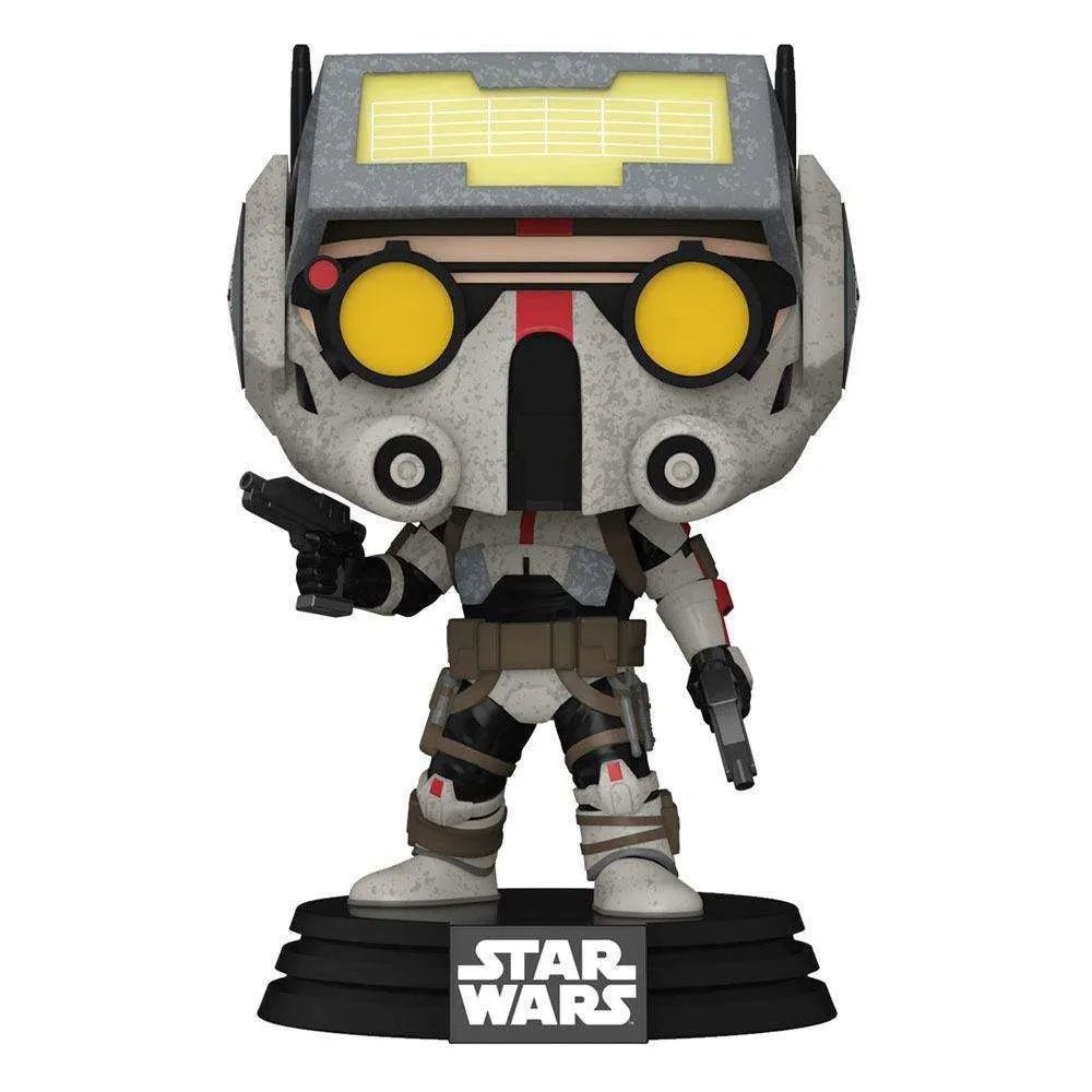 Front view of Tech Funko Pop! #445 wearing a weathered grey helmet with yellow goggles and holding two small blasters.