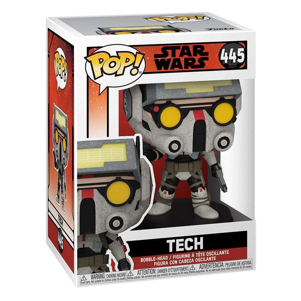 Funko Pop! Star Wars: The Bad Batch Tech #445 vinyl figure in its original display box, front and side view.