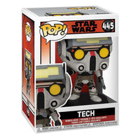 Funko Pop! Star Wars: The Bad Batch Tech #445 vinyl figure in its original display box, front and side view.