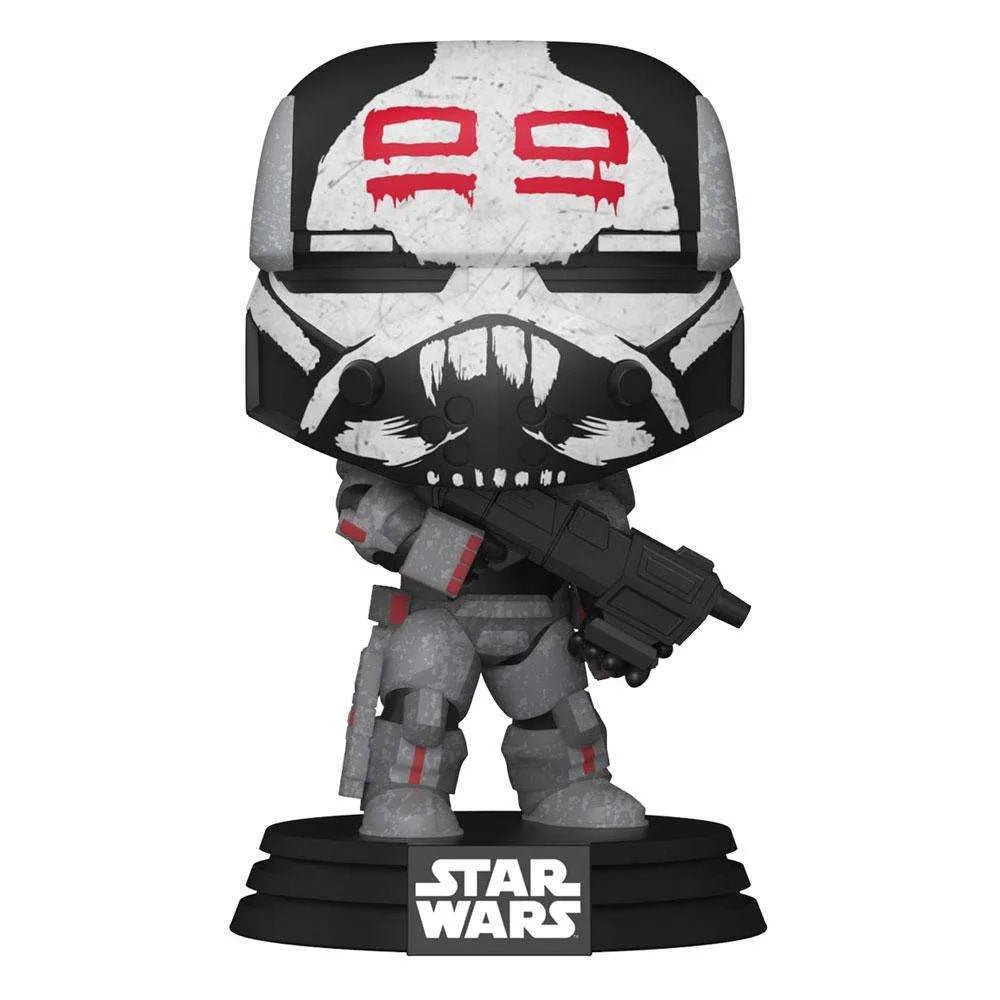 Front view of Wrecker Funko Pop vinyl figure in grey and black armor with red skull markings on a Star Wars base.
