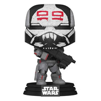 Front view of Wrecker Funko Pop vinyl figure in grey and black armor with red skull markings on a Star Wars base.