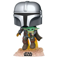 The Mandalorian with The Child Flying Funko Pop vinyl figure featuring a silver helmet and jetpack blast effect.