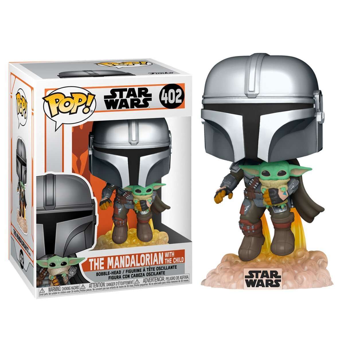 Funko Pop The Mandalorian with The Child vinyl figure flying on a flame base next to its branded display box.