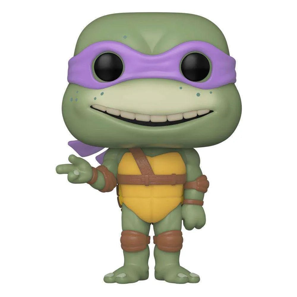 Donatello Funko Pop vinyl figure from TMNT II with a purple mask, green skin, and brown gear in a front-facing view.