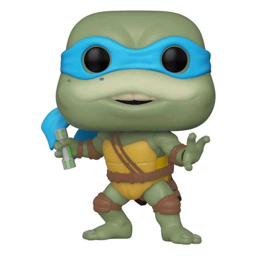 Front view of Leonardo Funko Pop vinyl figure from TMNT II, featuring a blue mask, green skin, and a canister accessory.