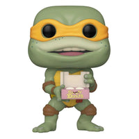 Michelangelo Funko Pop! vinyl figure from TMNT II holding a pink box of Simply Donuts, front view.