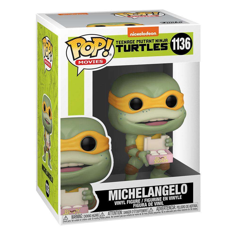 Michelangelo Funko Pop vinyl figure from TMNT II holding a box of donuts, displayed in its original branded box.