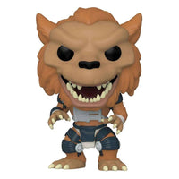 Front view of Rahzar Funko Pop! vinyl figure with brown fur, sharp teeth, and dark blue armored gear.