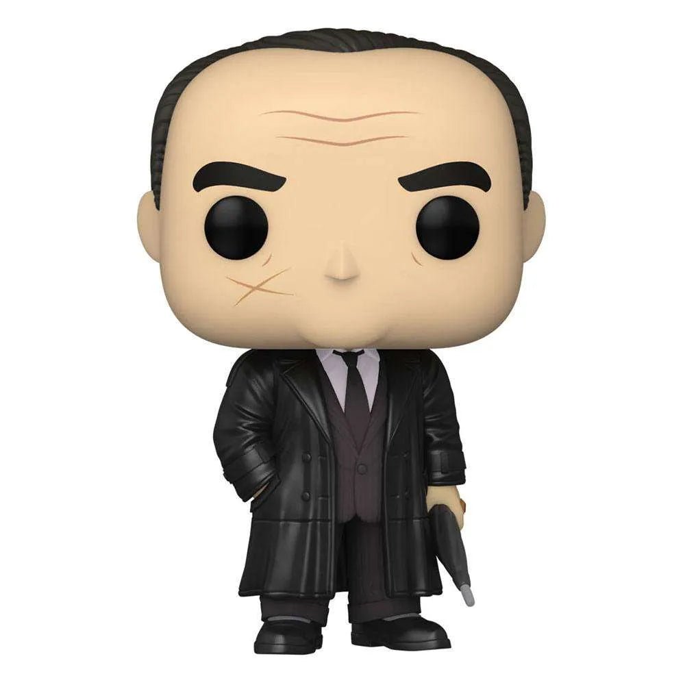 Funko Pop! Oswald Cobblepot from The Batman wearing a black trench coat, suit, and tie, featuring a facial scar.