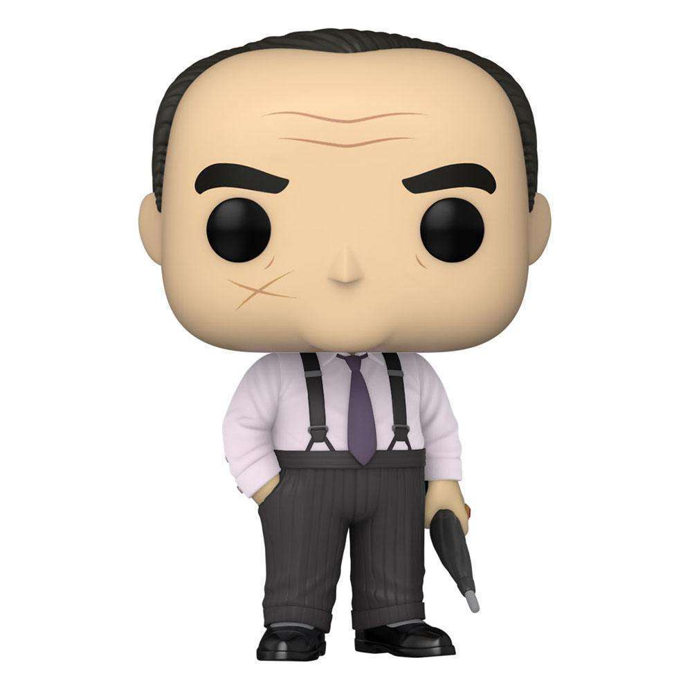 Funko Pop! Oswald Cobblepot from The Batman, featuring a scarred face, light shirt, purple tie, and black umbrella.