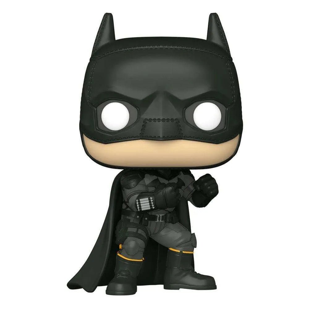 Front view of Funko The Batman Pop! #1187 vinyl figure in a black tactical suit with a cape and white eyes.