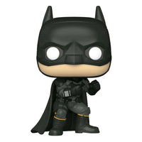 Front view of Funko The Batman Pop! #1187 vinyl figure in a black tactical suit with a cape and white eyes.