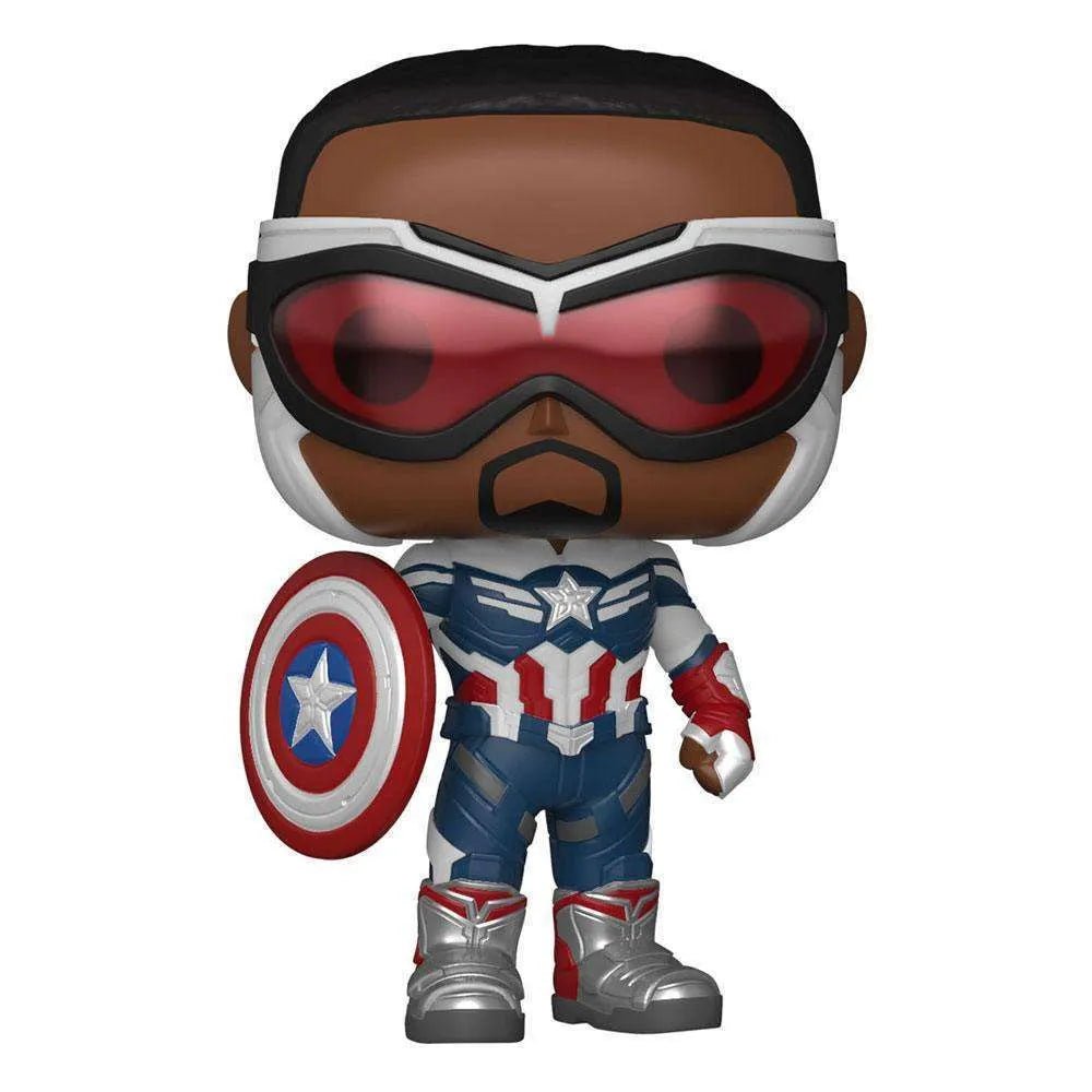 Captain America Funko Pop! vinyl figure wearing a white, blue, and red suit with goggles and holding a circular shield.
