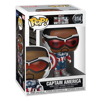 Captain America Funko Pop vinyl figure in its original packaging, featuring Sam Wilson in his blue and white suit.