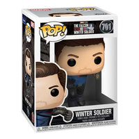 Winter Soldier Funko Pop vinyl figure in its branded Marvel Studios window display box, front and side view.