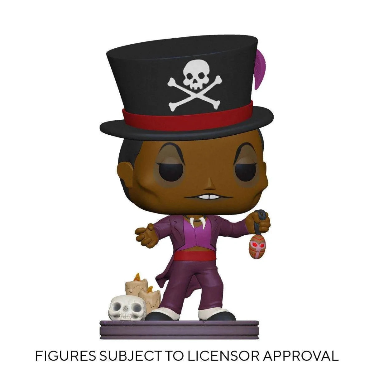 Doctor Facilier Funko Pop vinyl figure wearing a skull top hat, purple suit, and holding a voodoo charm with a skull.
