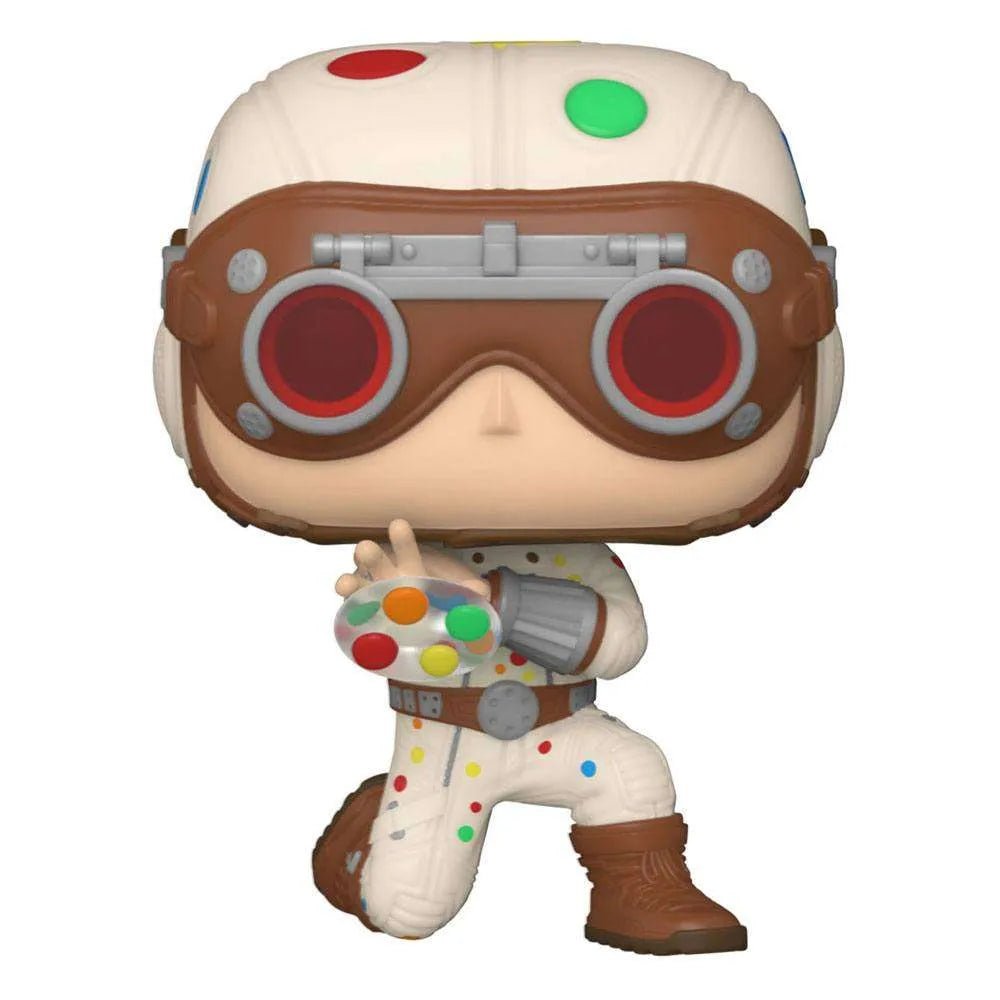 Front view of Polka-Dot Man Funko Pop! wearing a white suit with colorful dots, brown goggles, and holding a disc.