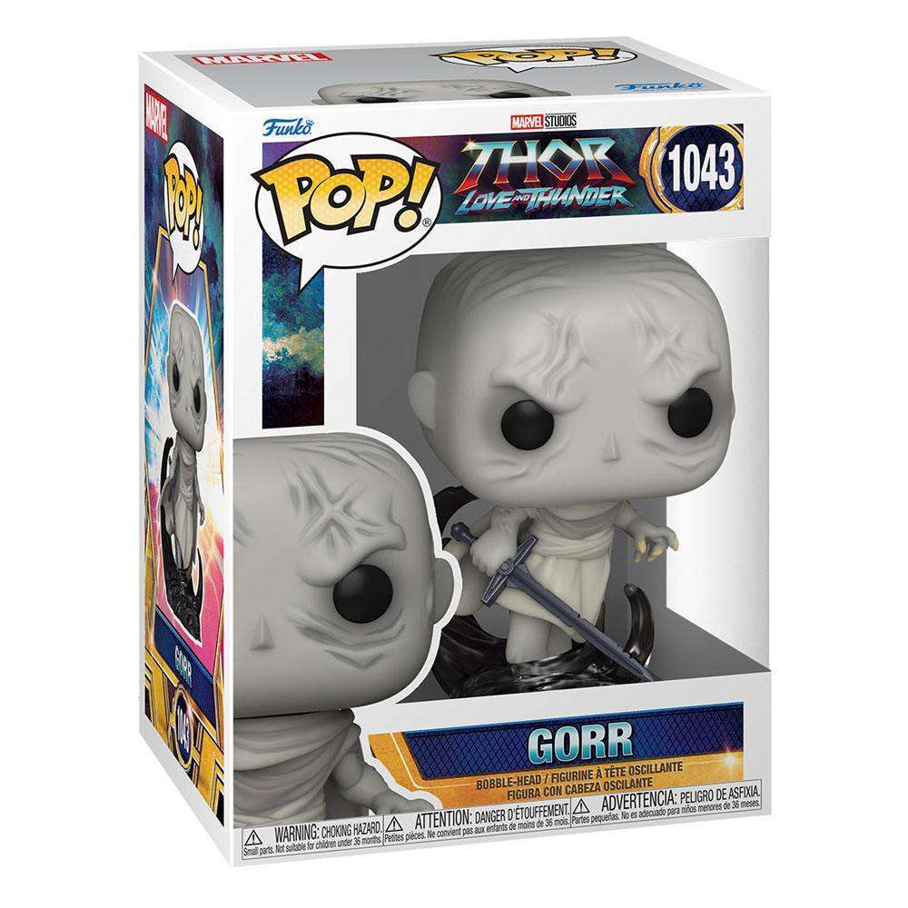 Funko Pop! Gorr #1043 from Thor: Love and Thunder in its original window display box, showing the figure and packaging.