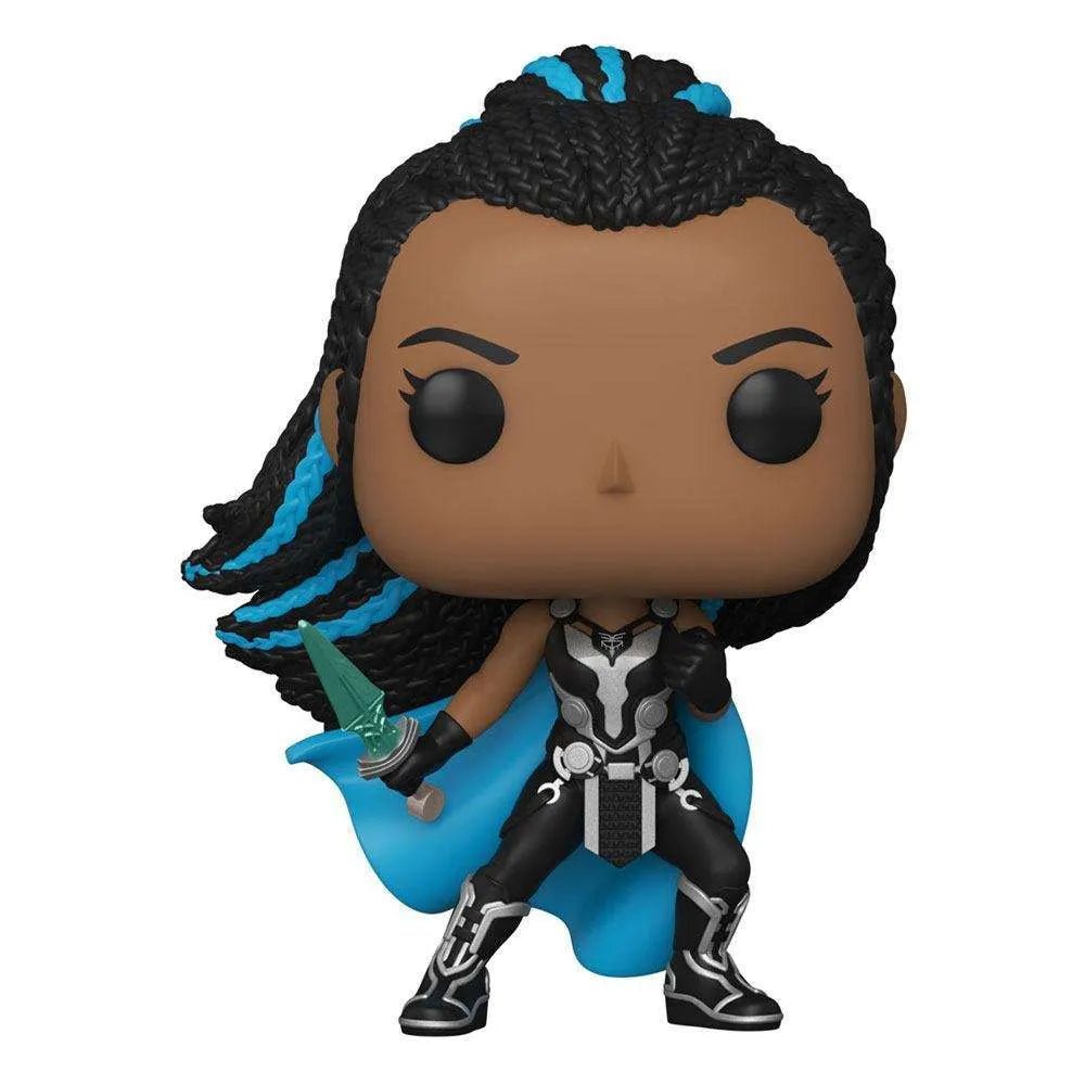 Funko Pop Valkyrie from Thor: Love and Thunder wearing black armor with blue accents and holding a teal dagger.