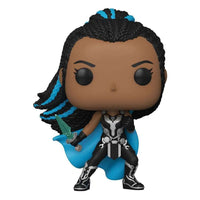 Funko Pop Valkyrie from Thor: Love and Thunder wearing black armor with blue accents and holding a teal dagger.